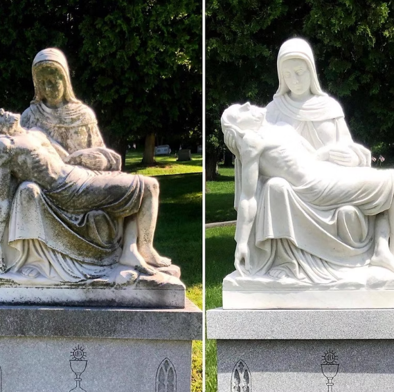 Stone monument before and after cleaning